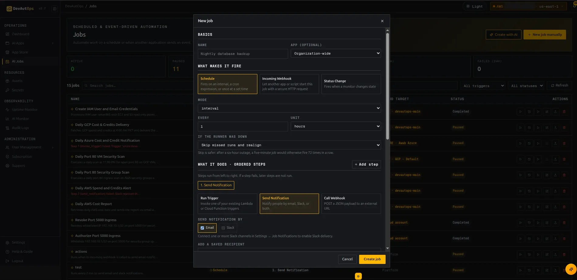 Job editor showing start event, ordered actions, targets, and notifications.