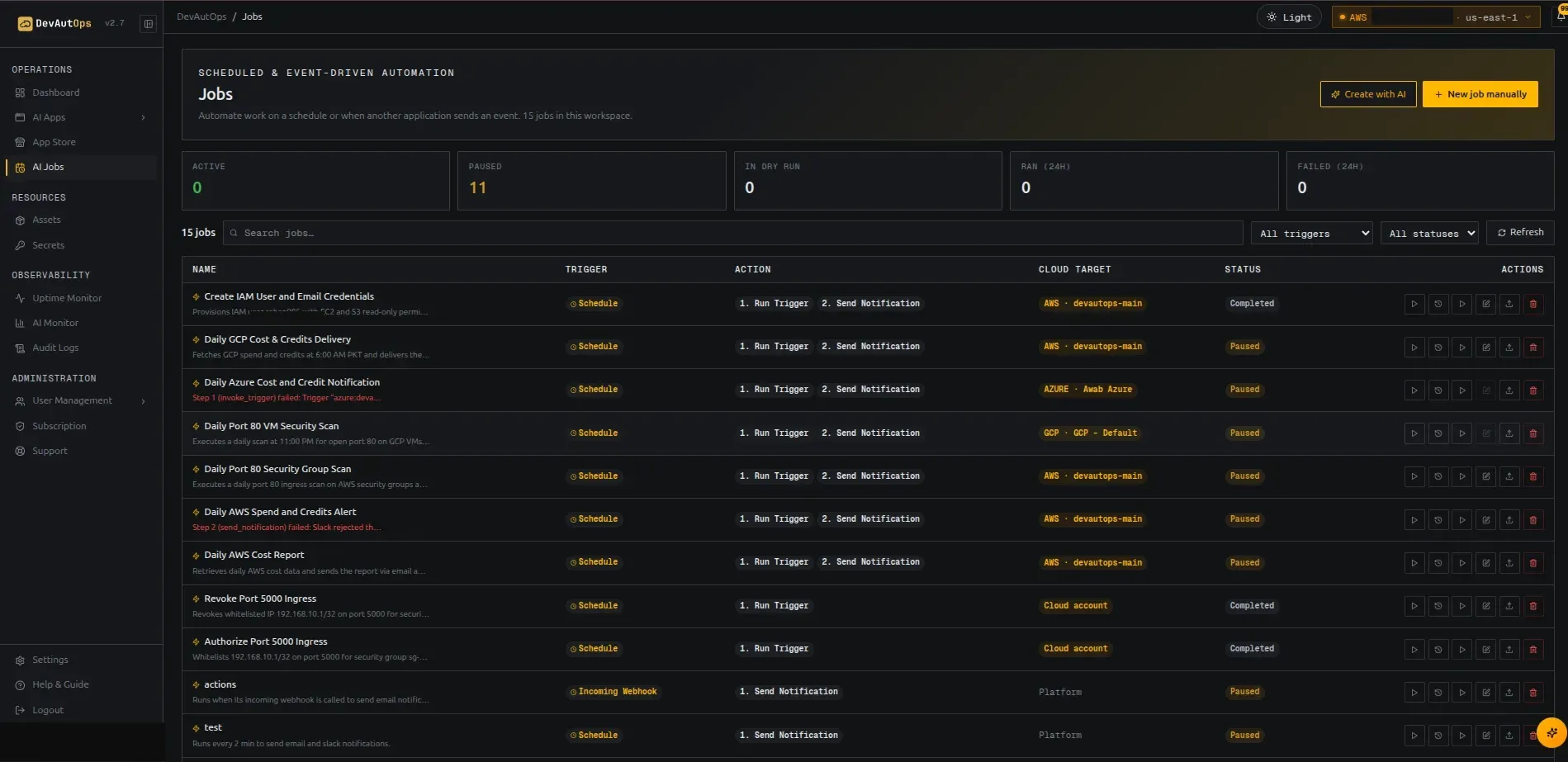 Jobs list showing trigger type, status, last run, and actions.