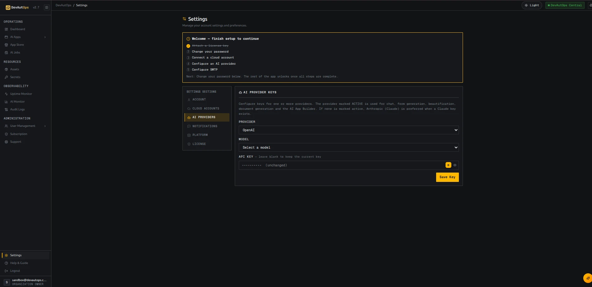AI Providers screen showing Provider, Model, and API Key fields.