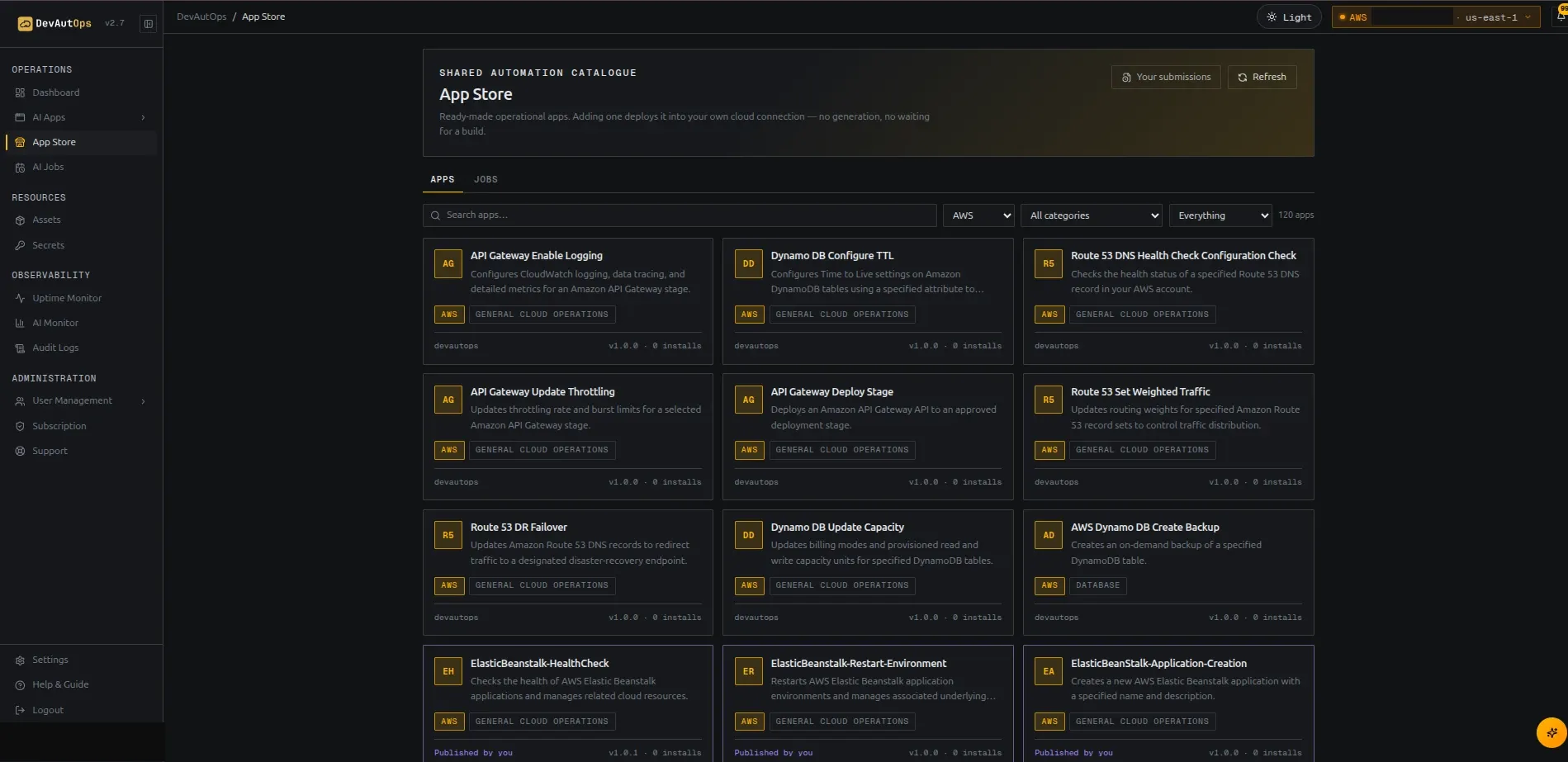 App Store catalog with filters, listing details, and install action.