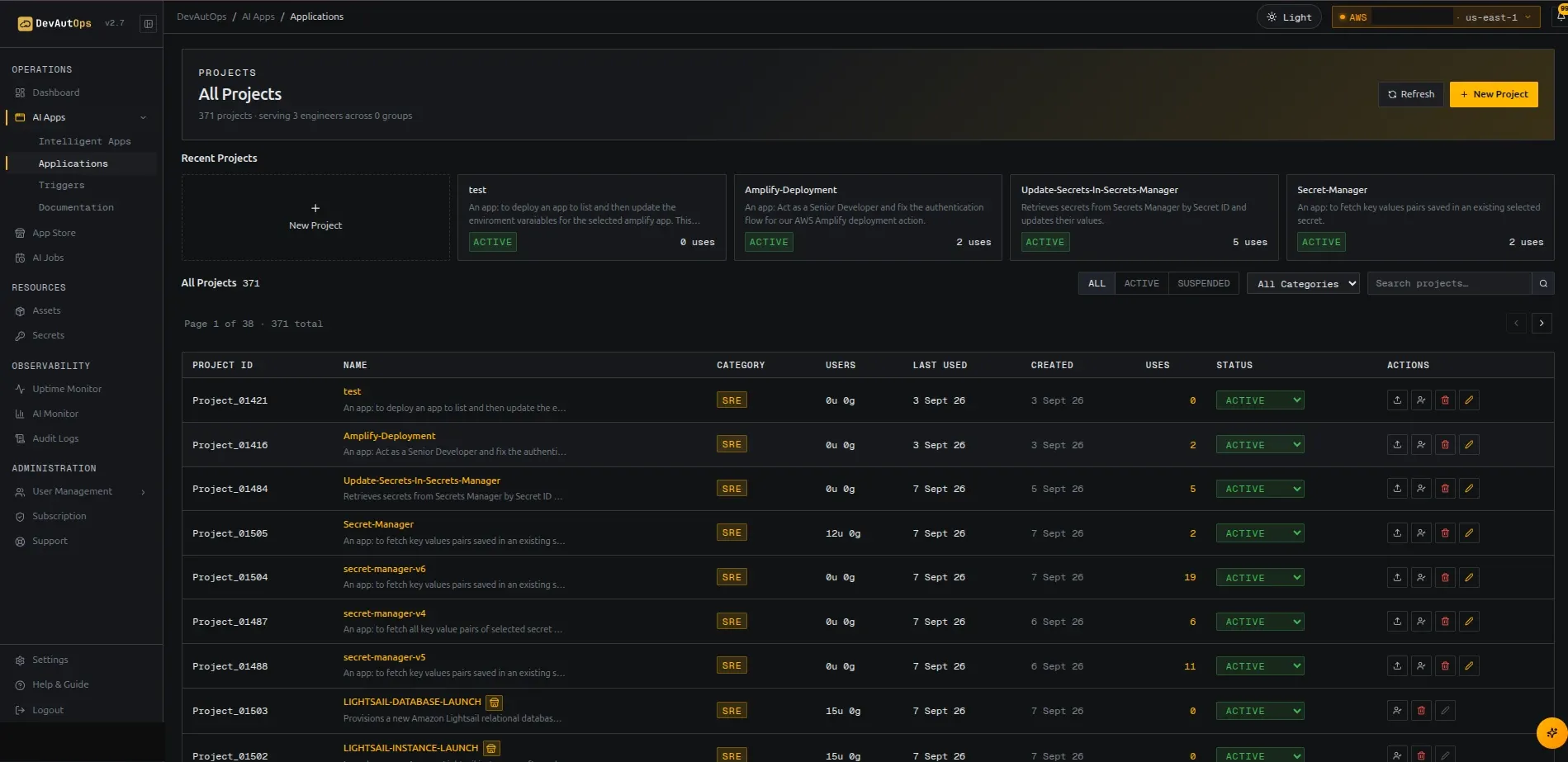 Applications list with filters, status, usage, and row actions.