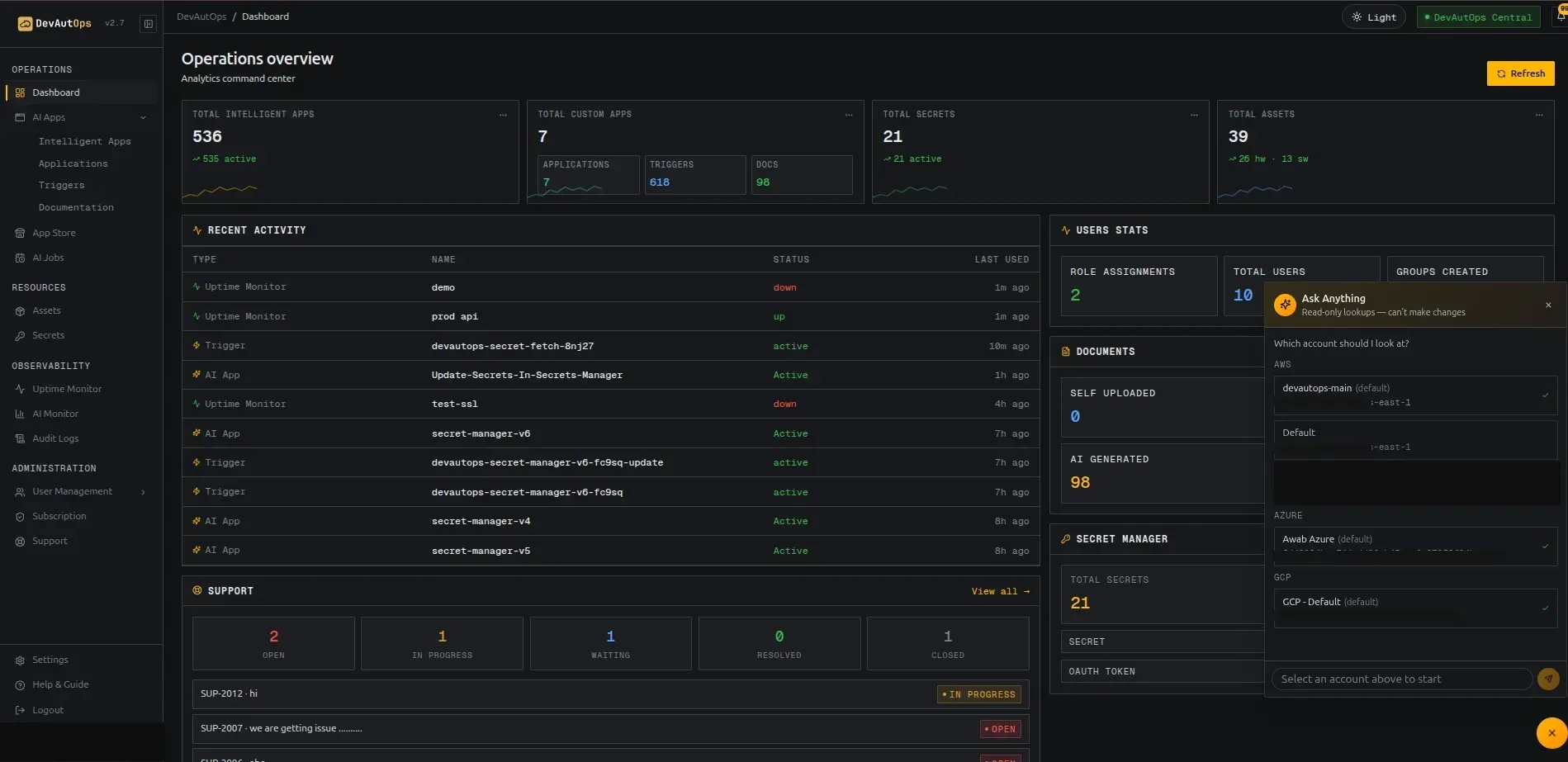 Ask Cloud panel with account selector, example question, and returned cloud data.