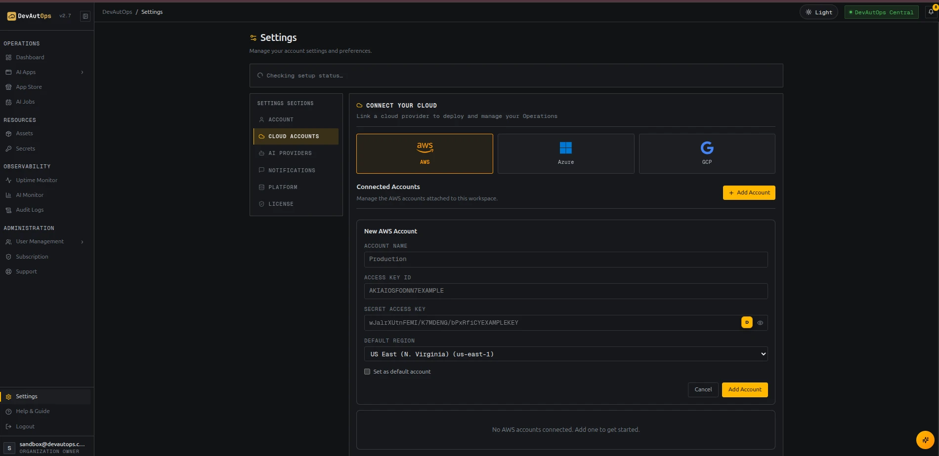 Completed Add AWS Account form with the secret access key redacted.