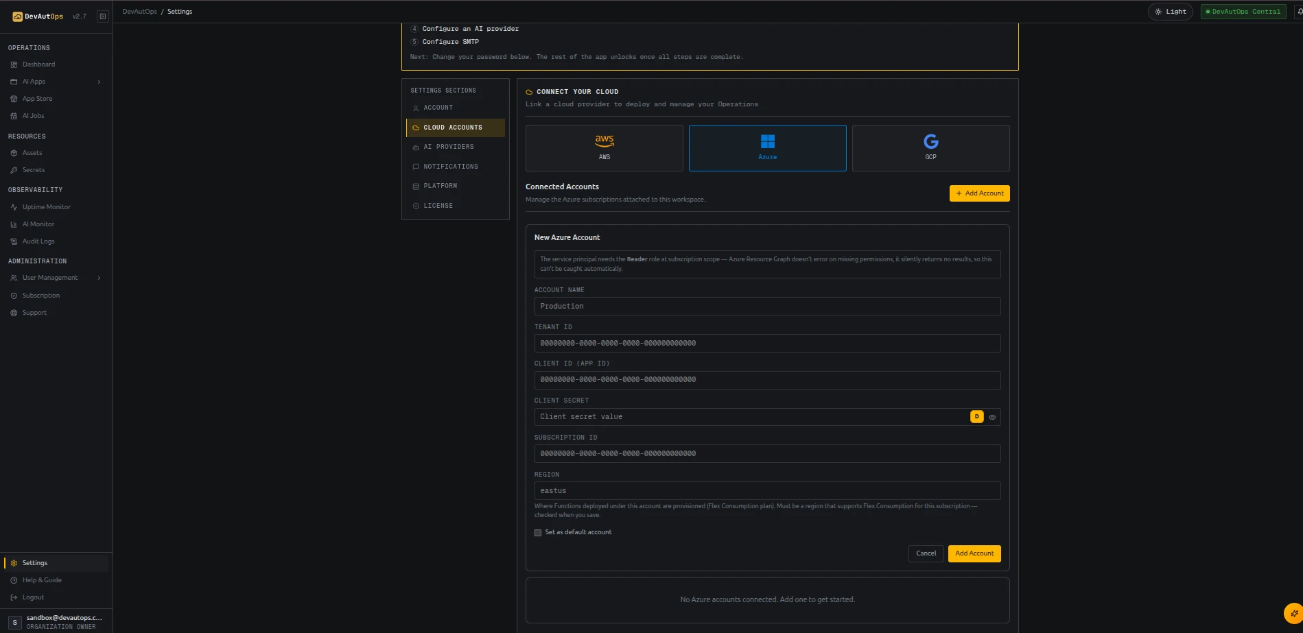 Add Azure Account form with tenant, client, and subscription fields.
