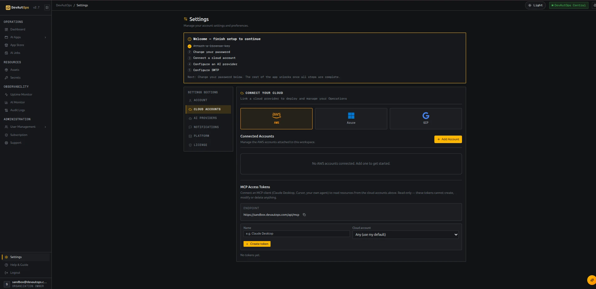 Cloud Accounts overview showing AWS, Azure, and GCP tabs.