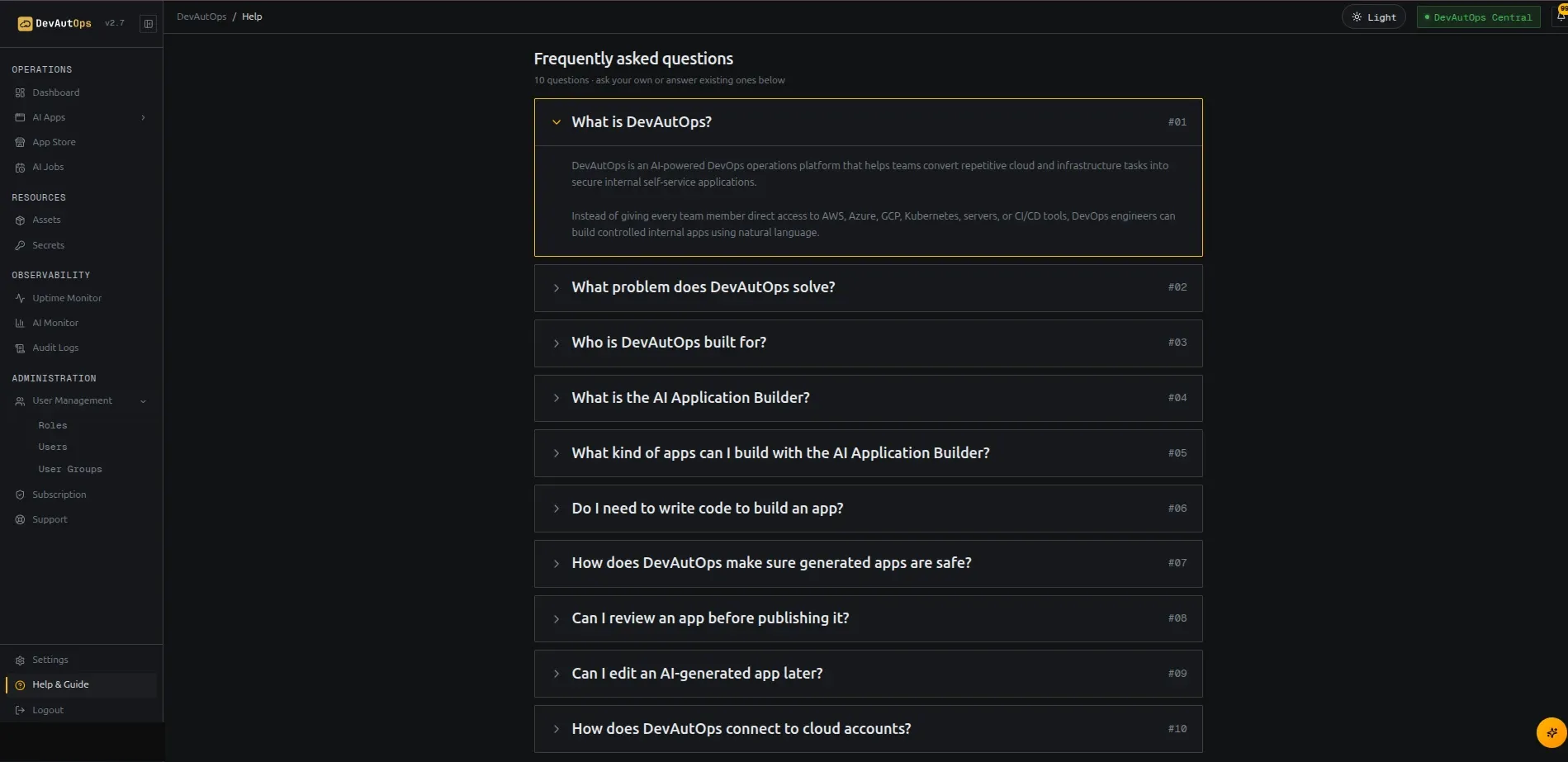 Help & Guide page with expandable FAQs.