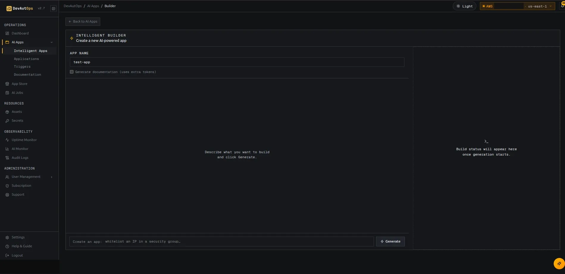 Prompt-based builder with generated form and build status.