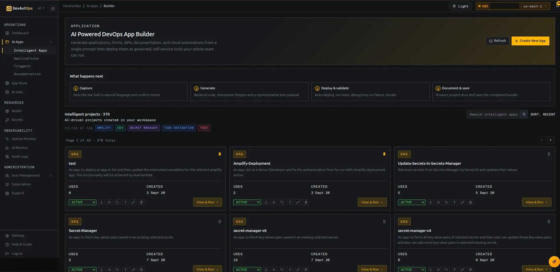 Intelligent Apps list with status, cloud, tags, and actions.