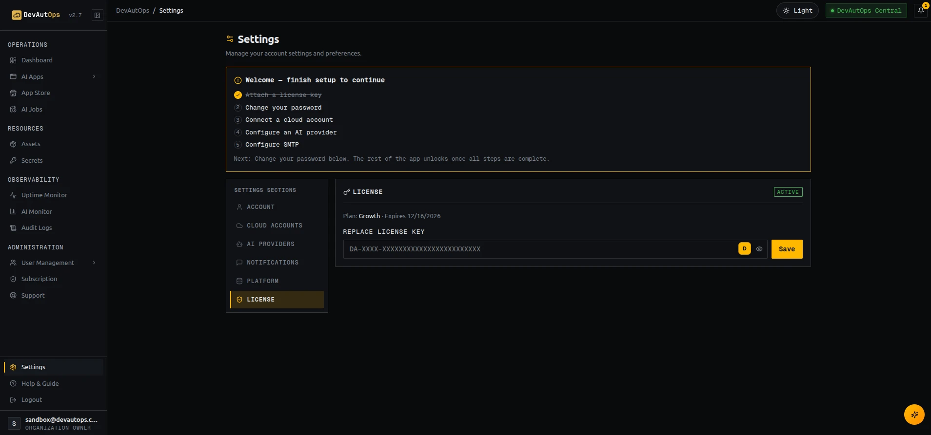 Verified license showing Active status, plan, and expiry.