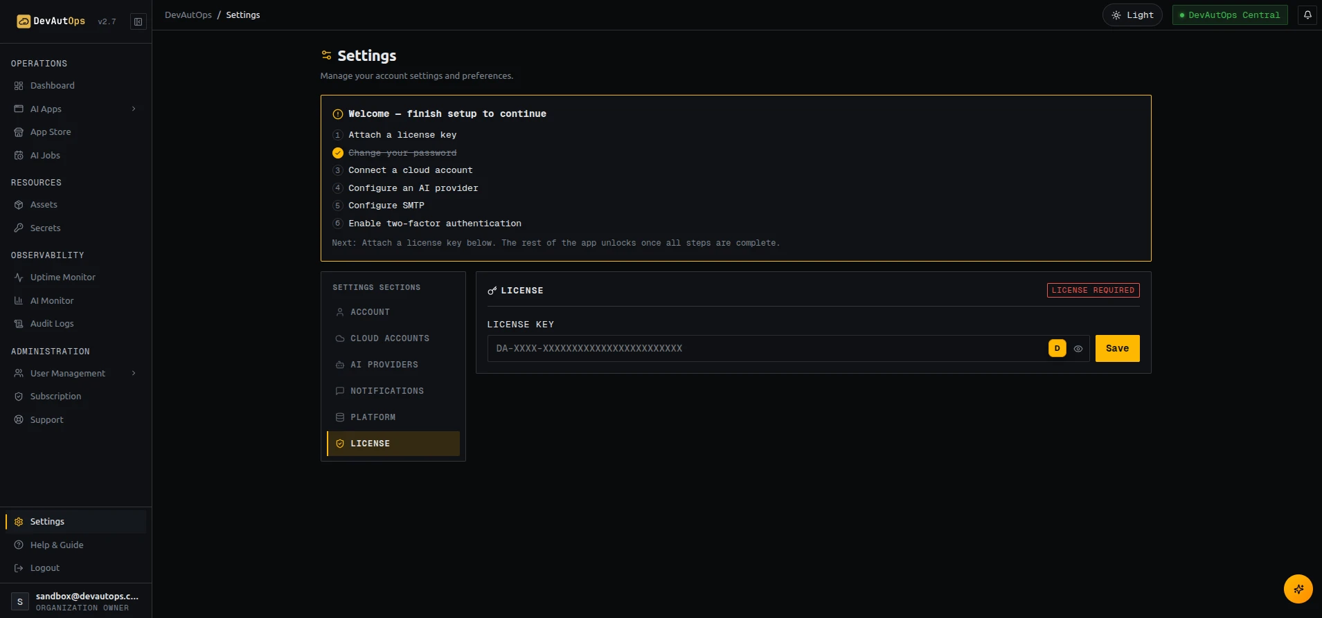 Settings → License showing the License Required badge before a key is entered.