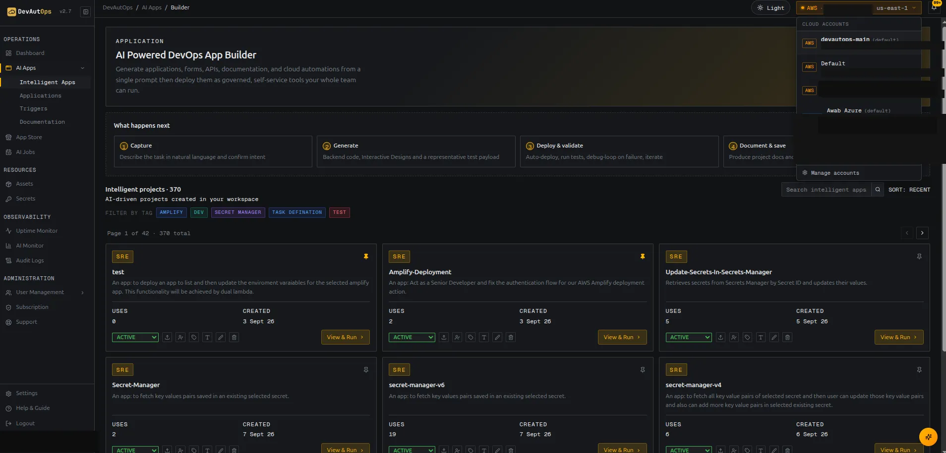 Main navigation, active cloud account selector, and account controls.