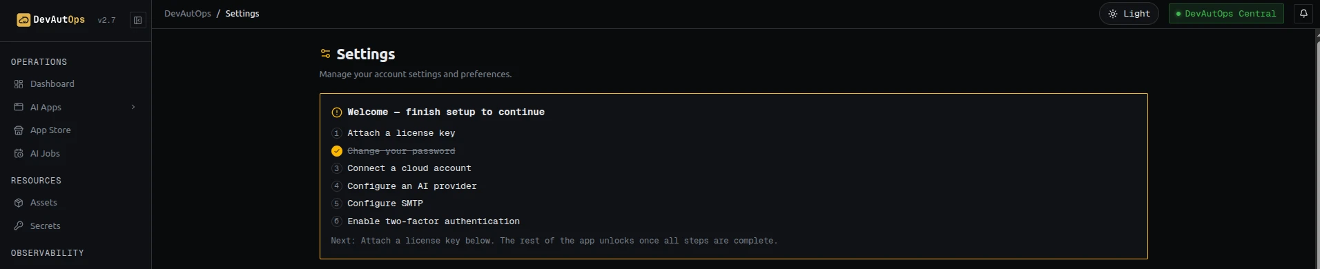 The “Welcome — finish setup to unlock cloud & AI features” checklist banner.