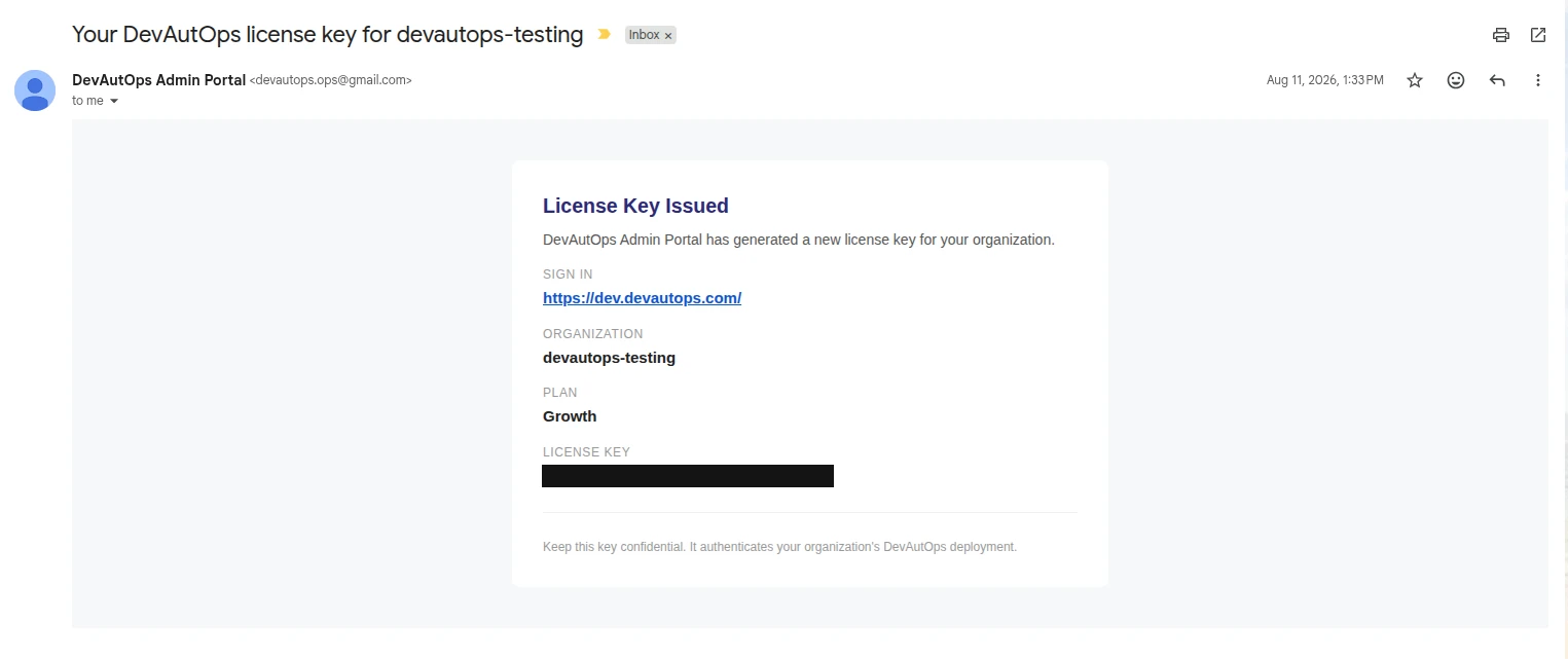 License key email with the sign-in URL, organization, and plan visible (license key redacted).