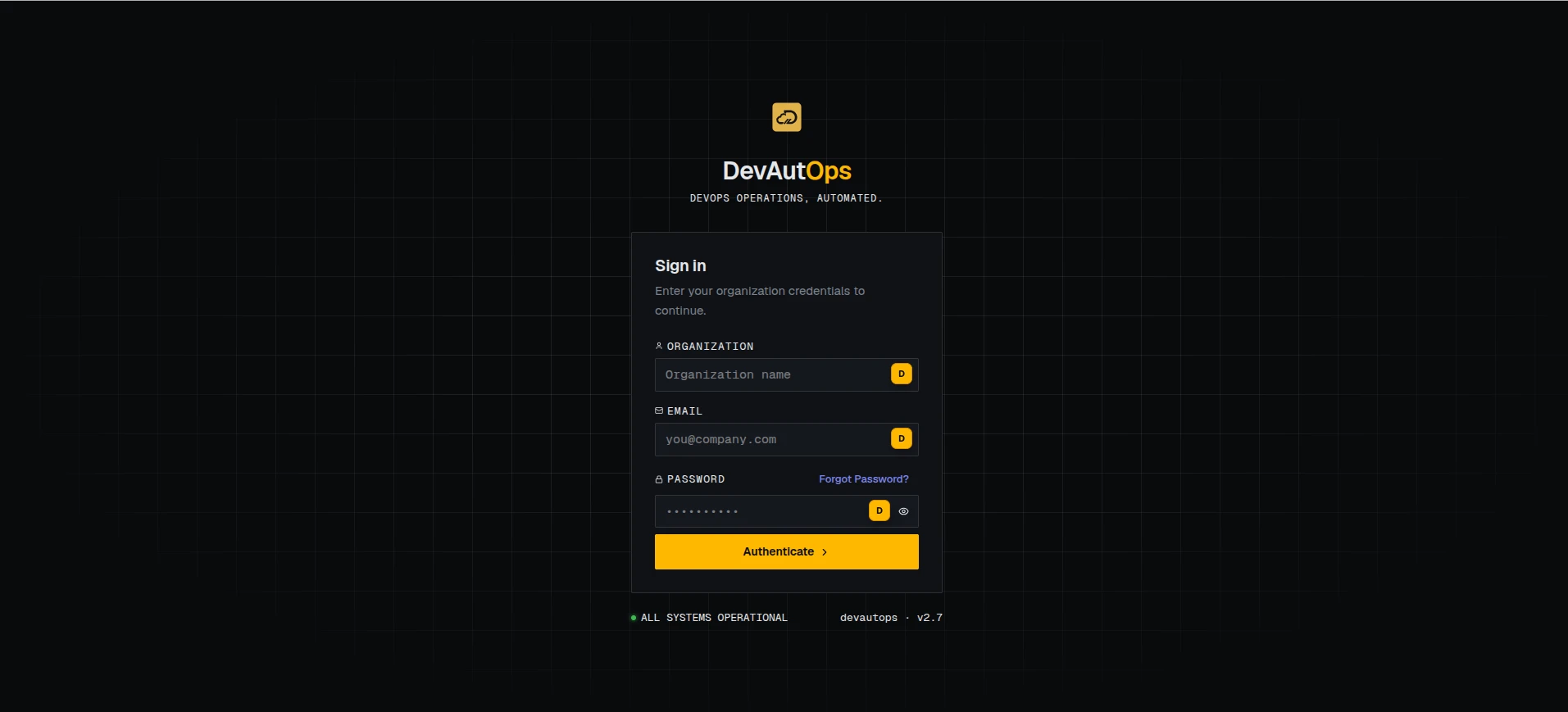 Sign-in screen showing Organization, Email, and Password fields.