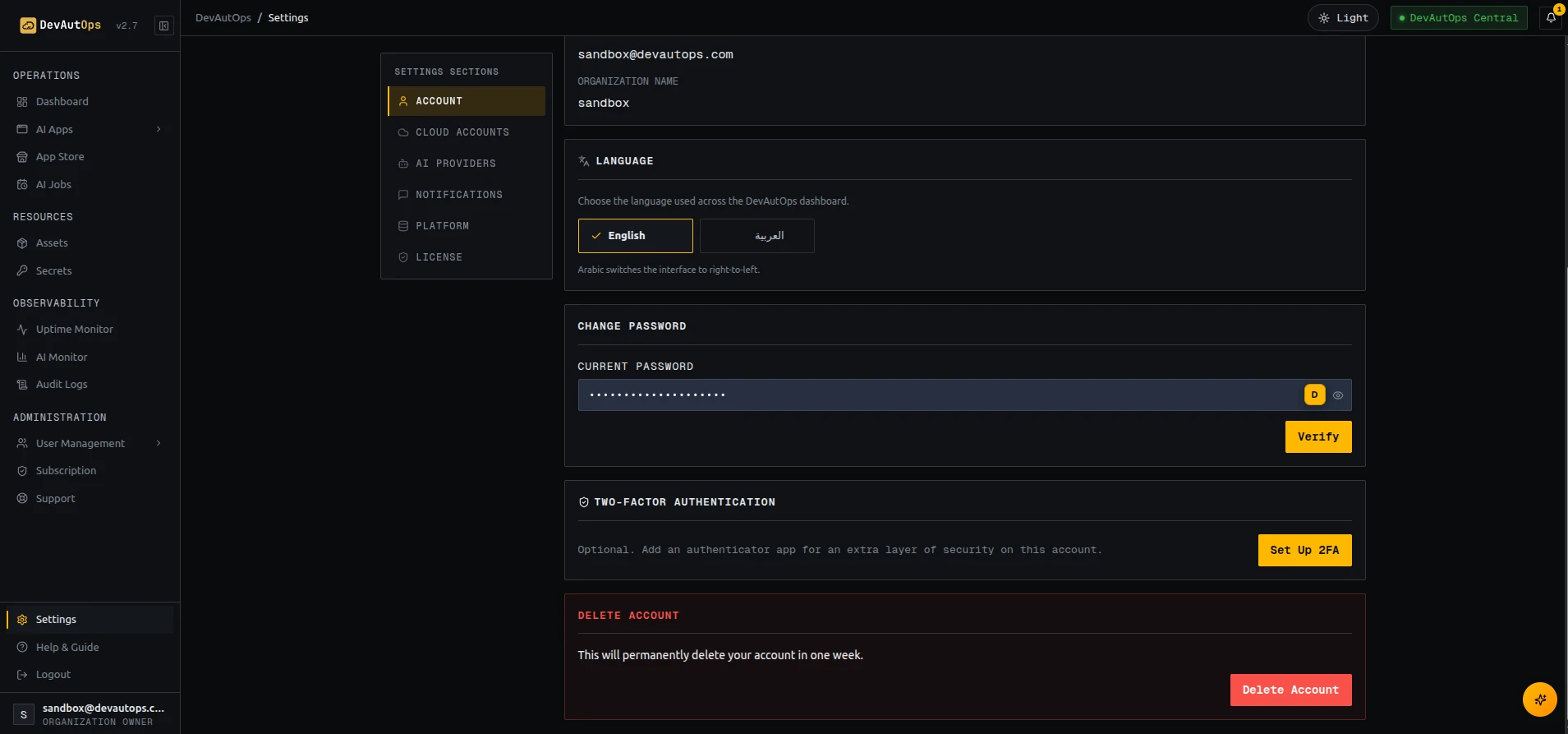 Account settings showing profile information, language, and change-password.