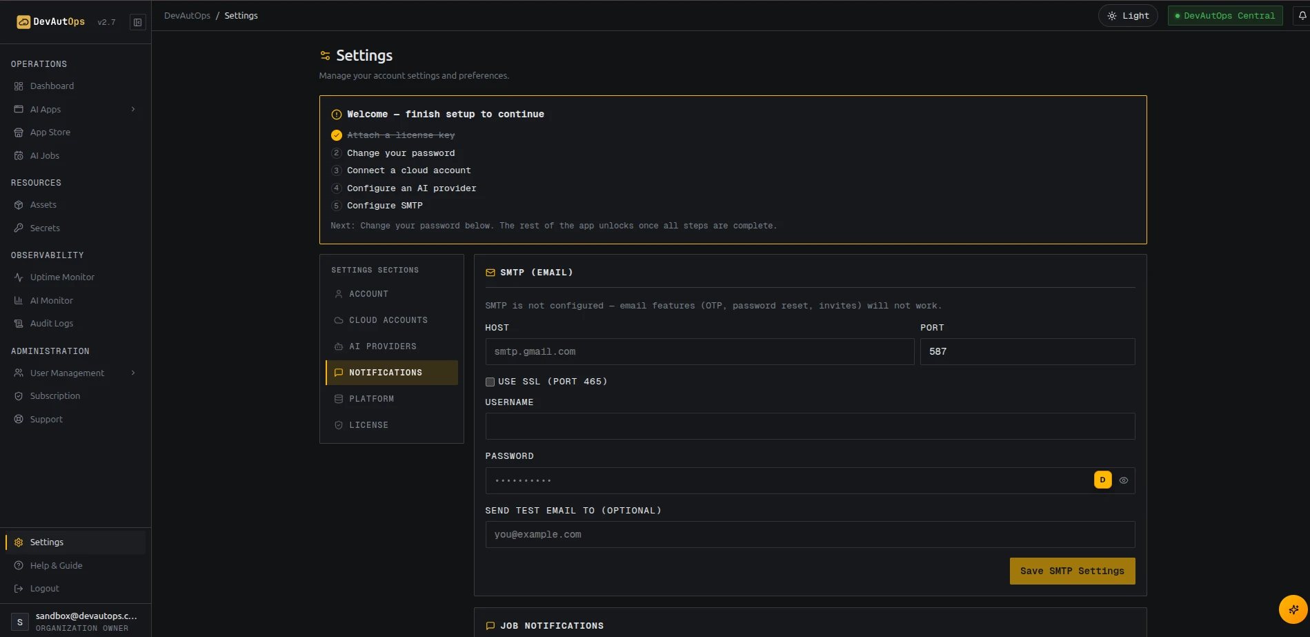 Notifications → SMTP form with credentials blank.