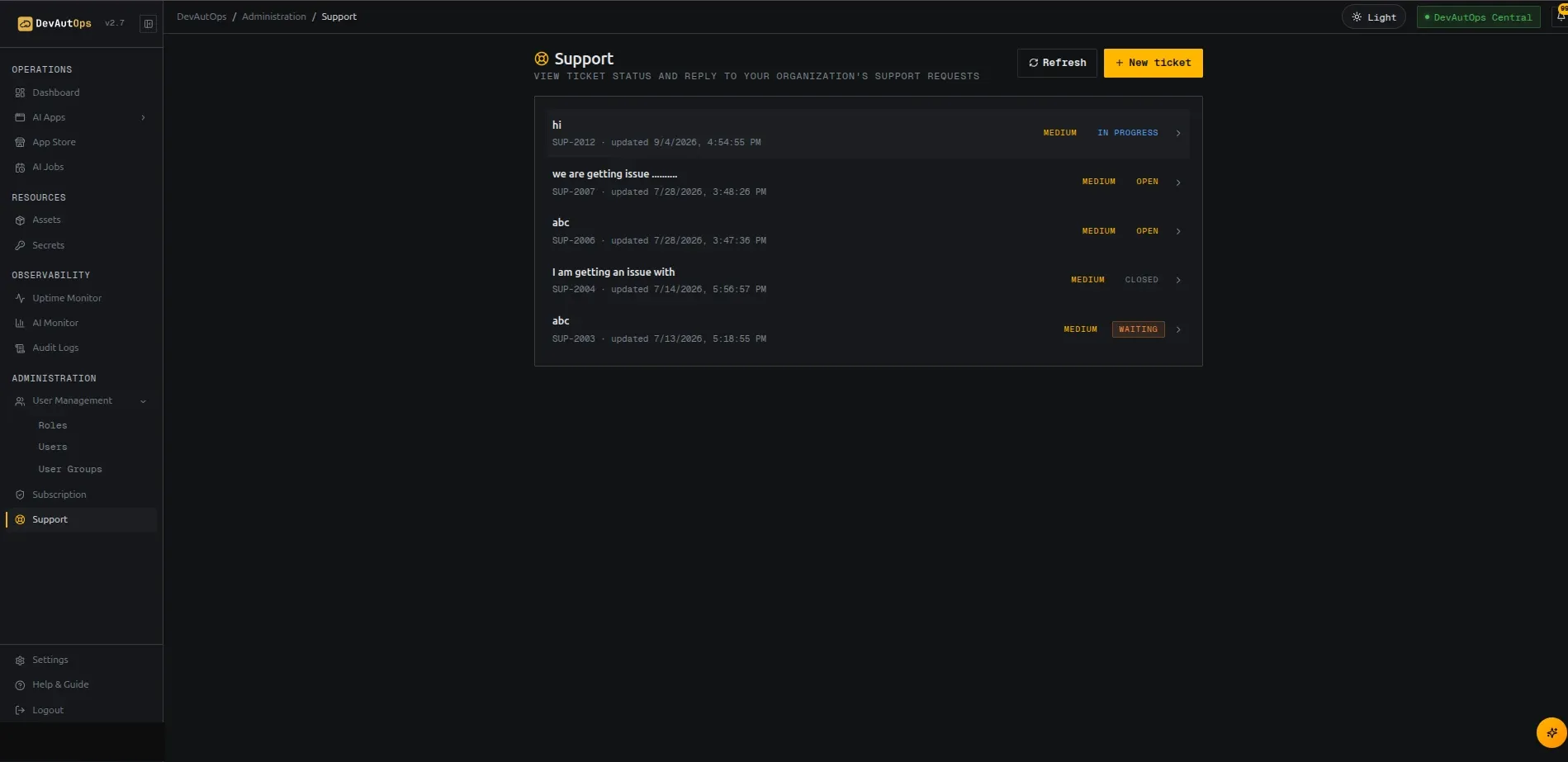 Support ticket list or new-ticket form.