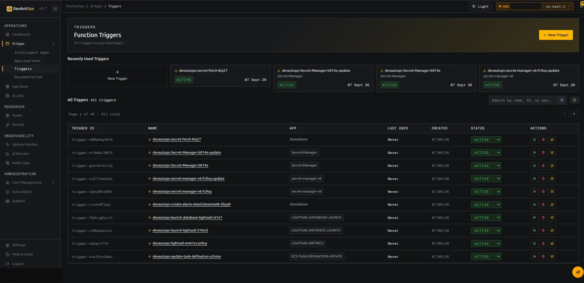 Triggers list with provider, runtime, state, and available actions.