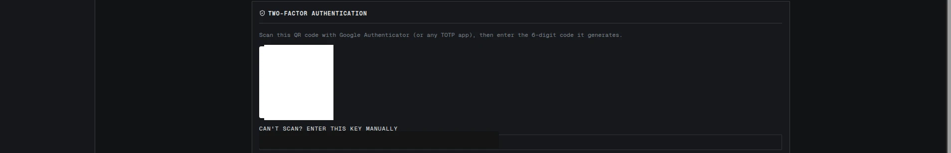 2FA setup QR code and manual-key option.