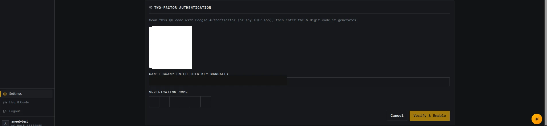 Six-digit verification field and Verify & Enable button.